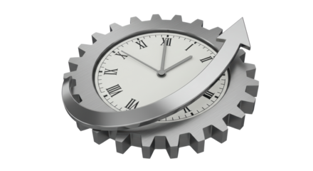 Isolated Gear with Clock Face and Upward Arrow Representing Time Efficiency