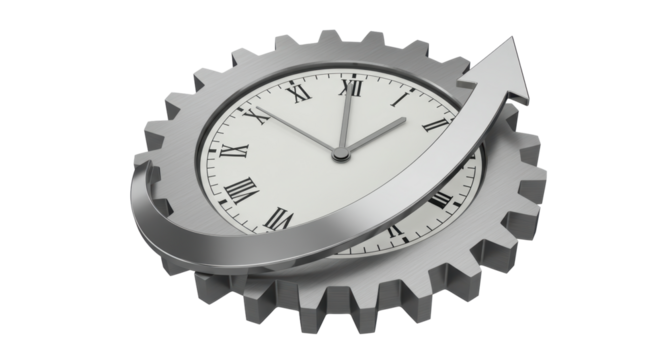 Isolated Gear with Clock Face and Upward Arrow Representing Time Efficiency