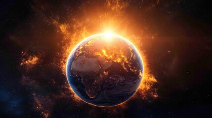 Obraz premium Earth engulfed in fiery cosmic glow