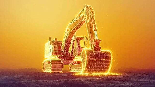 Digital wireframe excavator transformation into a realistic construction machine on a vibrant orange background
