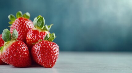 Several strawberries on a white table, large empty space around 