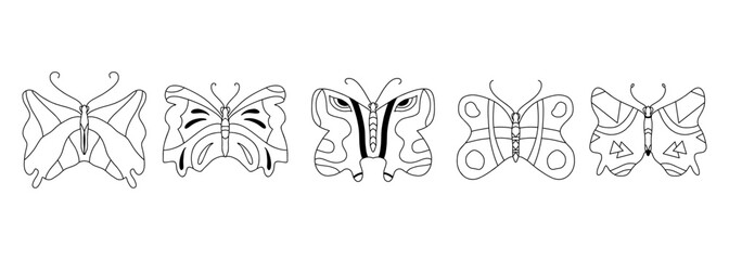 Butterfly Outline Art, 5 Individual Vector Designs for Coloring Book Pages, Tattoos, or Nature Themes.