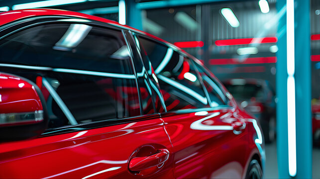 Tinted side view of a car window covered with ceramic film for heat rejection and UV protection on on the car window glass surface 