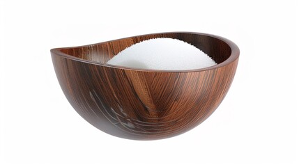 White sugar in a wooden bowl is isolated on a white background. The simple and clean scene shows the natural color and texture of the sugar and the bowl.