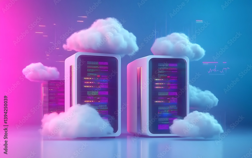 Poster modern cloud computing concept with servers and fluffy clouds connected. futuristic data storage and