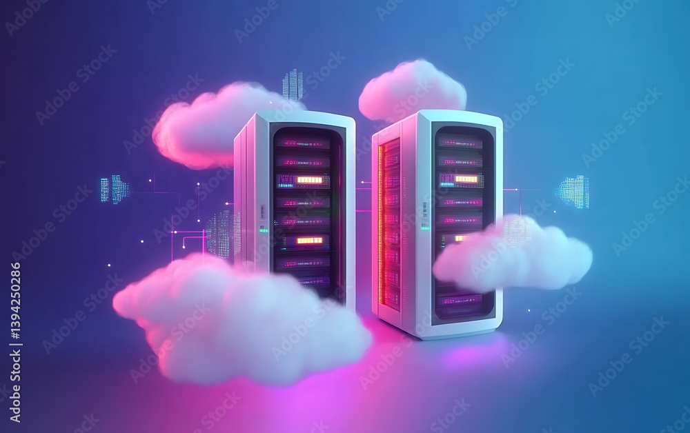 Poster modern cloud computing concept with servers and fluffy clouds connected. futuristic data storage and