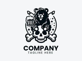 Cheerful Bear Skull Beer Mug Logo, Cartoon Bear Skull Beer Logo