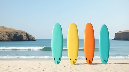 colorful surfboards standing upright on a pristine,surfboards stand proudly on a sun-kissed beach, with the ocean waves and rocky cliffs forming a stunning coastal backdrop