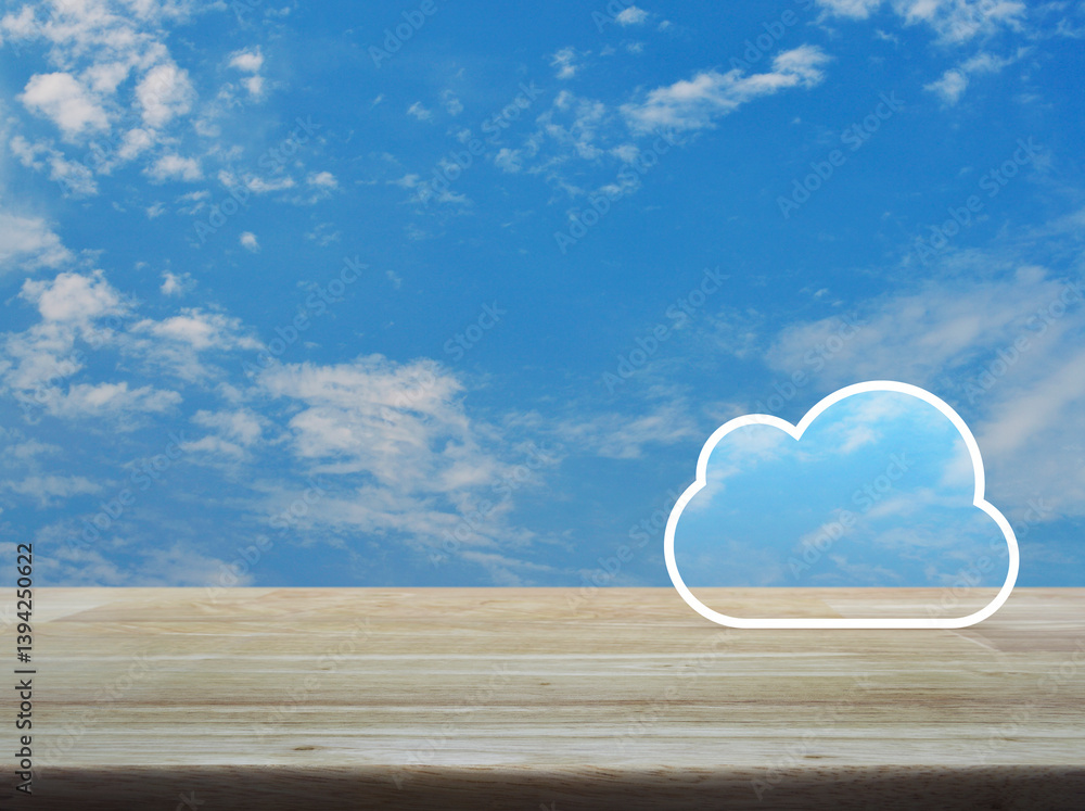 Aufkleber cloud computing icon with copy space on wooden table over blue sky with white clouds, technology clo