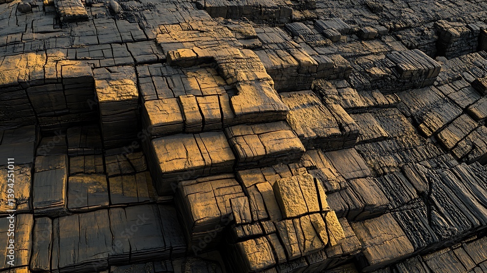 Poster abstract geometric blocks of dark and golden hues. complex layered structure
