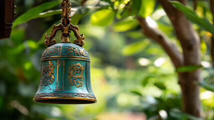Intricate antique bell hangs in serene garden nature photography tranquil environment close-up viewpoint
