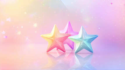 Obraz premium 3D pastel shooting stars. Glittering 3D colorful stars with pastel colors against a soft, dreamy background digitally rendered. Glowing pink stars confetti. Silver star with blue and pink background 