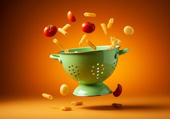 Pasta and Tomatoes Levitate Around a Green Colander Against Warm Backdrop