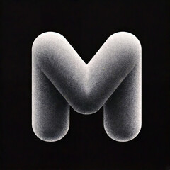 A stylized, abstract letter M with a curled shape. Grainy gradient texture adds depth. Minimal, futuristic, and sculptural—like type meets optical illusion