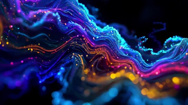 Enchanting waves of magical light particles and sparkling dust weaving through darkness - video footage. Impression of fantasy elements, spells and mystical energy flow.