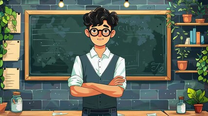 cheerful cartoon educator at board