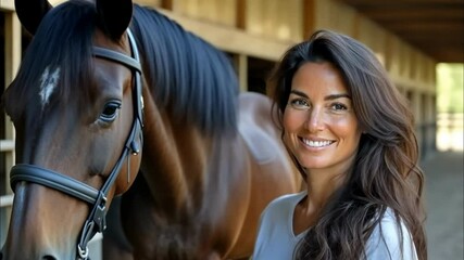 Woman interacts with horse in serene stable setting during daytime in warm weather