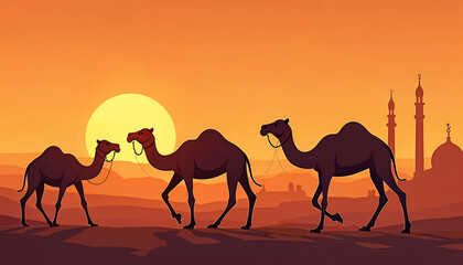 Camels walking through a desert, taken in the Liwa Oasis, Abu Dhabi area, United Arab Emirates
