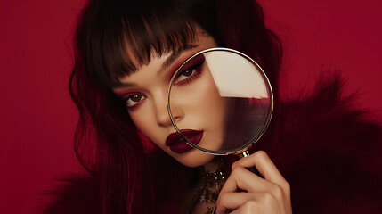model with burgundy hair, holding an oversized magnifying glass over her eye and applying liquid eyeliner to the area around it. She's wearing bold makeup with dark lipstick and smoky eyes