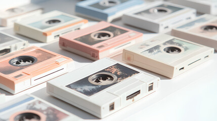 Obraz premium blank cards with rounded corners, each depicting an old-school cassette tape and pastel illustrations of scenes from the life story depicted on it, in muted colors.