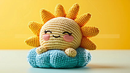 Amigurumi Sun Resting on Knitted Cloud Handmade Crochet Craft Project with Yellow and Blue