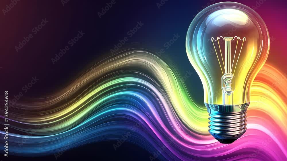 Poster creativity, innovation, with filament emerging from colorful flowing waves, symbolizing space bulb a