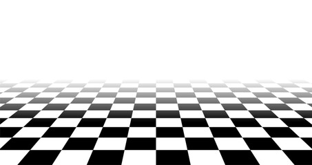 Perspective black and white checkered floor that fades into white background. Surface with checkerboard pattern. Ideal for retro, racing or digital themes. Vector illustration