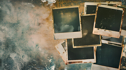 vintage-style collage of multiple blank Polaroid photo frames on an aged background, adorned with weathered textures and faded photographs