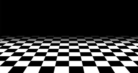 Naklejka premium Perspective black and white checkered floor that fades into black background. Surface with checkerboard pattern. Ideal for retro, racing or digital themes. Vector illustration