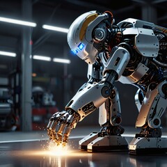 Fototapeta premium A high-tech robot performing tasks in a clean, industrial environment with dynamic lighting. 