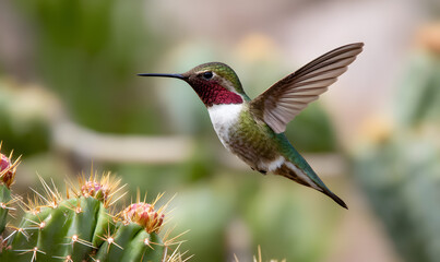 Fototapeta premium beautiful hummingbird flying next to a new mexico desert cactus, Generative AI