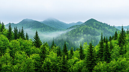 Fototapeta premium Forest Landscape with Foggy Mountains Verdant Canopy and Evergreen Trees Nature Serenity Scenery