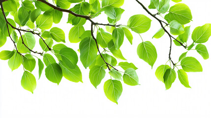 Fresh Green Leaves and Branch Detail Against Pure White Backdrop Botanical Still Life Image