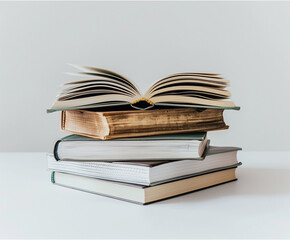 Obraz premium Stack of colorful open magazines and catalogs arranged on a white background. Concept of knowledge, research, education, printing, and publishing industry