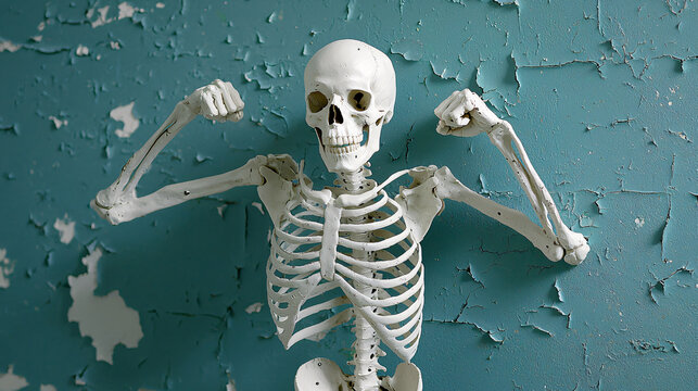 Humorous Skeleton Posing with Fists Raised Against a Weathered Blue Wall and Showing Off Body