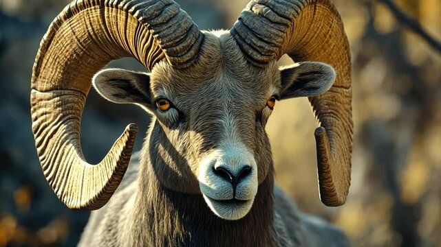 Close-Up Portrait of Majestic Ram with Impressive Curved Horns Set Against a Beautiful Natural Background in Soft, Warm Light