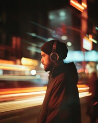 Listening to music on a city street during the night