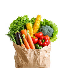 High-resolution photorealistic image of a paper grocery bag filled with fresh organic vegetables including carrots, eggplant, lettuce, corn, and bell pepper. Bright, colorful, healthy produce on a whi