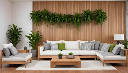 Fototapeta premium A modern living room showcases a comfortable sofa complemented by lush greenery for a tranquil ambiance.
