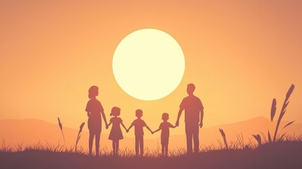 Fototapeta premium Happy family holding hands in silhouette, with mother, father and two children standing in front of the sun at sunset. A flat - designed, vector - style illustration with simple shapes.