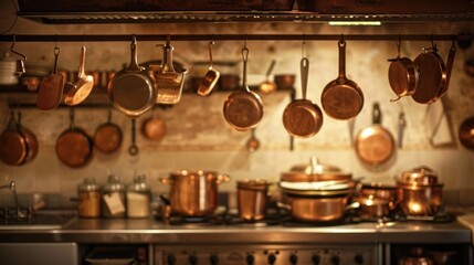 Copper pots hanging above countertop