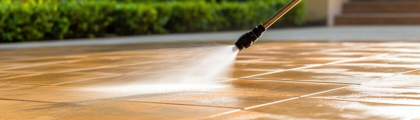 High-Pressure Water Cleaning on Outdoor Stone Surface during Daylight Hours