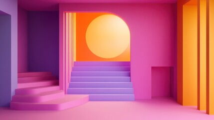 Abstract colorful room with stairs and arched doorway.