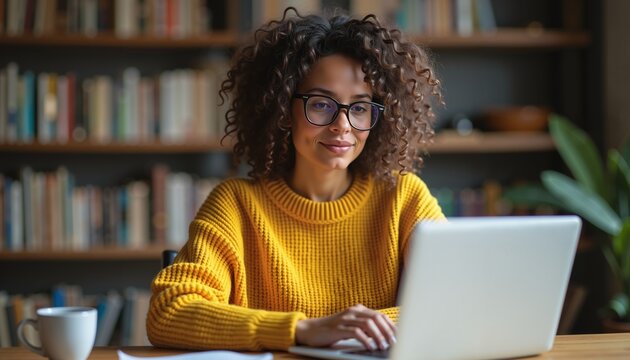 Relaxed freelancer working on laptop in cozy home office with books, perfect for remote work theme