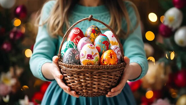 girl holding a basket filled with colorful easter eggs, traditional family activity, easter celebration at home, concept of seasonal joy