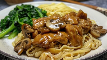 A plate of Chinese egg noodles with braised chicken, mushrooms, and vegetables on the side