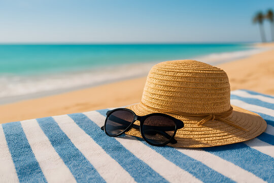 Sonnenhut und Sonnenbrille auf Liegetuch am tropischen Sandstrand &ndash; Sommerfeeling pur
