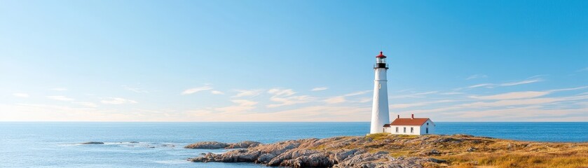 Serene Coastal Landscape with Lighthouse near Ocean Under Clear Blue Skies