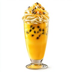 A delicate, fluffy mango mousse in a tall glass, topped with passion fruit seeds