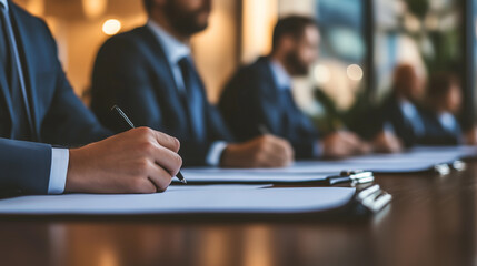 Group of professionals in formal business suits sitting at long table writing on clipboards during corporate meeting or contract signing in office setting.
